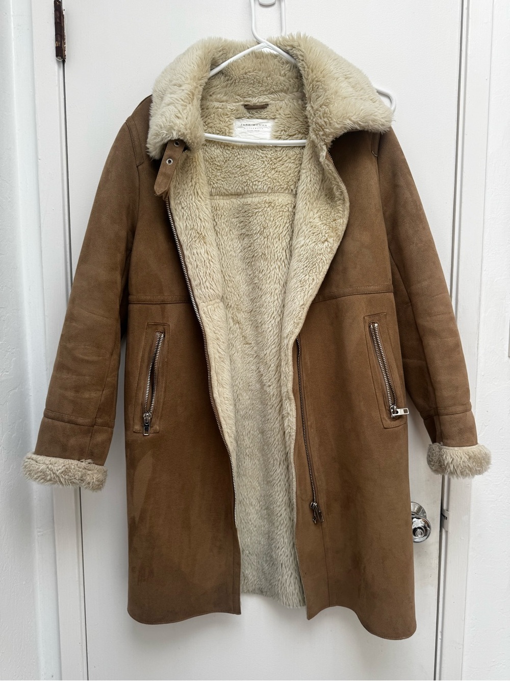 Zara Brown Suede Shearling Coat with Cream Faux-Fur Lining